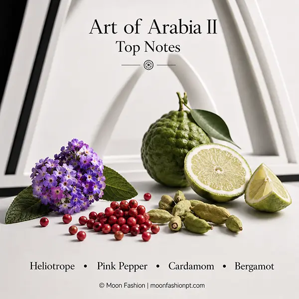Top notes graphic for Art of Arabia II showing heliotrope, pink pepper, cardamom and bergamot.