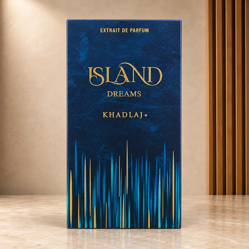 Front of the Khadlaj Island Dreams box with gold lettering and blue, teal and gold lower streaks.