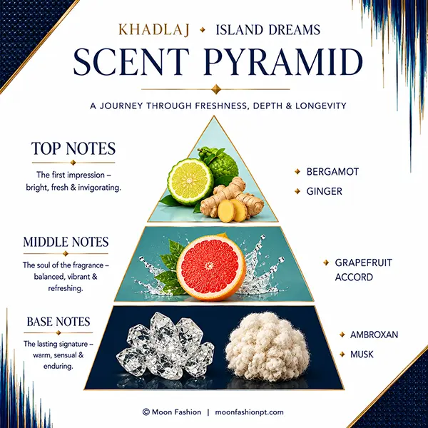 Island Dreams scent pyramid showing bergamot, ginger, grapefruit accord, ambroxan and musk.