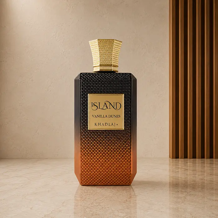 Island Vanilla Dunes bottle shown alone from the front in a warm neutral studio setting.