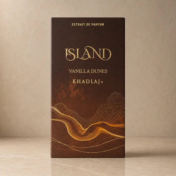 Front of the Island Vanilla Dunes box showing gold branding and dune-inspired line artwork.