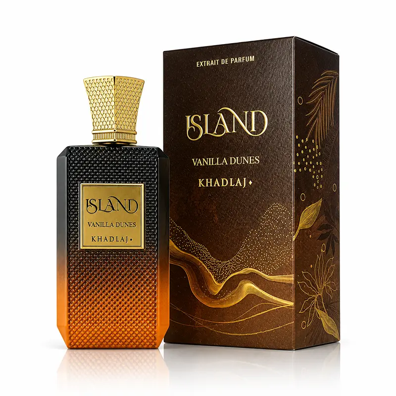 Island Vanilla Dunes bottle with matching Khadlaj box shown together in a clean studio hero composition.