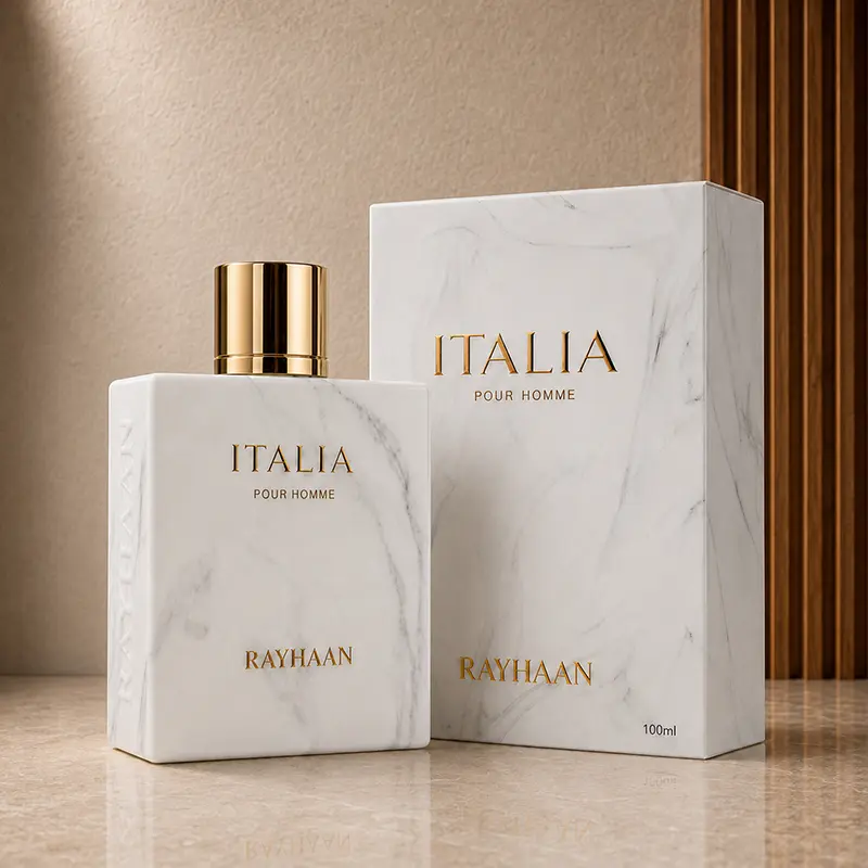 Rayhaan Italia bottle and box photographed at an angle in a warm neutral studio