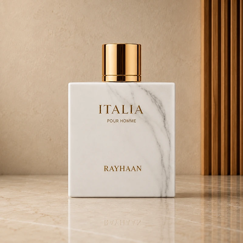 Rayhaan Italia bottle front with white marble-look surface, reflective gold cap and gold lettering