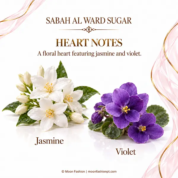 Jasmine and violet heart notes presented for Sabah Al Ward Sugar in a soft floral design.
