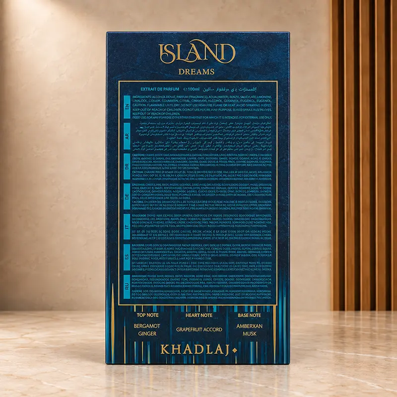 Back of the Island Dreams box showing multilingual product text, fragrance notes and Khadlaj branding.