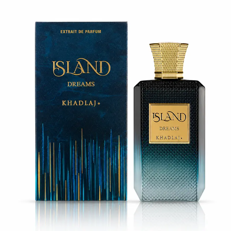 Khadlaj Island Dreams Extrait de Parfum 100ml with box and bottle on a white reflective background.