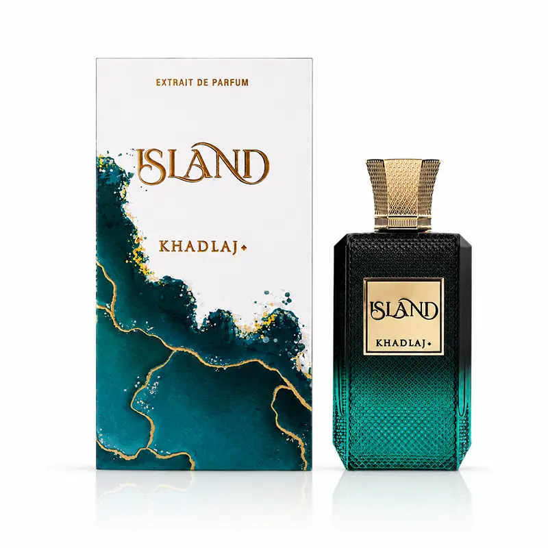 Khadlaj Island Extrait de Parfum 100ml box and bottle on a clean white background.