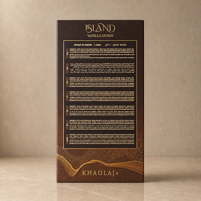 Back of the Island Vanilla Dunes box showing multilingual product text and decorative gold wave details.