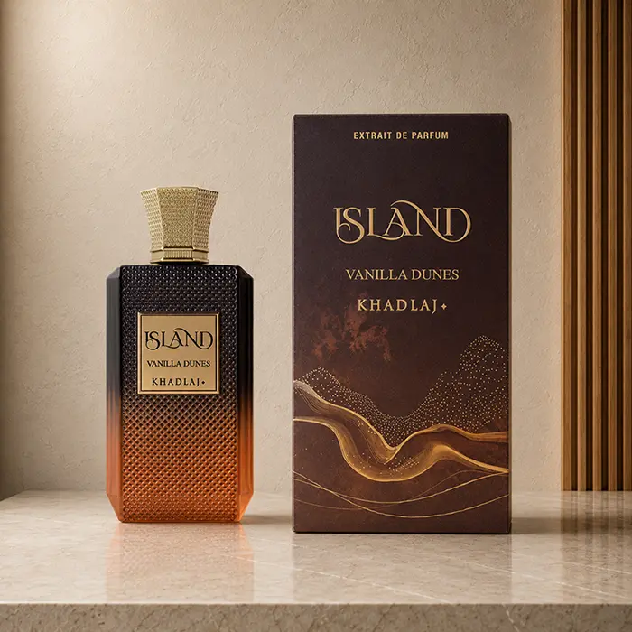 Khadlaj Island Vanilla Dunes Extrait de Parfum 100ml bottle beside the matching front-facing box.