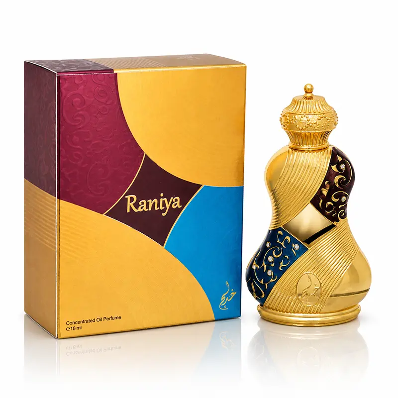 Khadlaj Raniya 18ml concentrated perfume oil with ornate gold bottle and matching box.