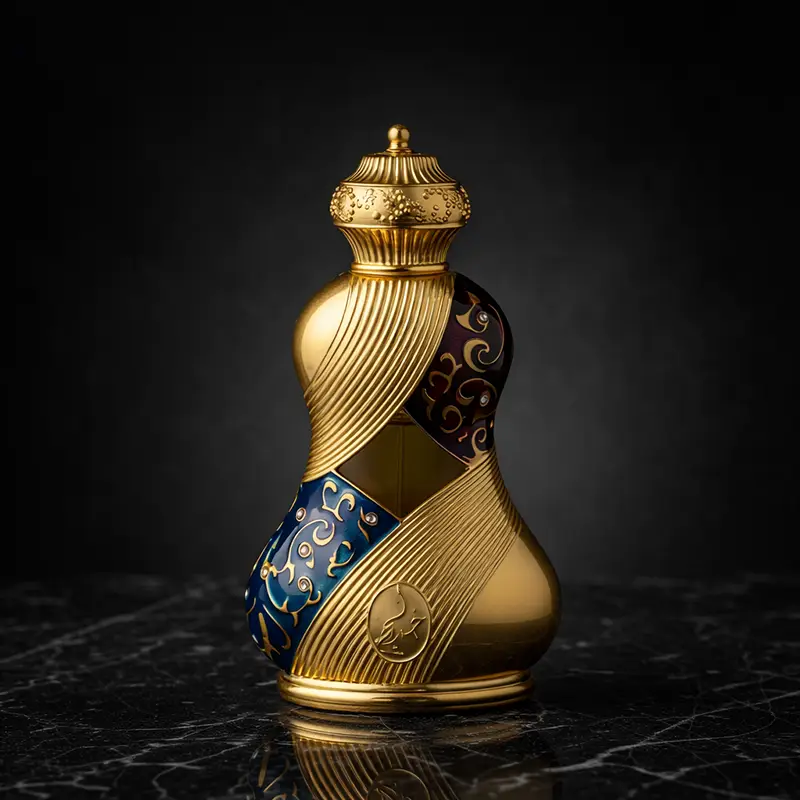 Ornate gold Khadlaj Raniya 18ml concentrated perfume oil bottle on a dark reflective surface.