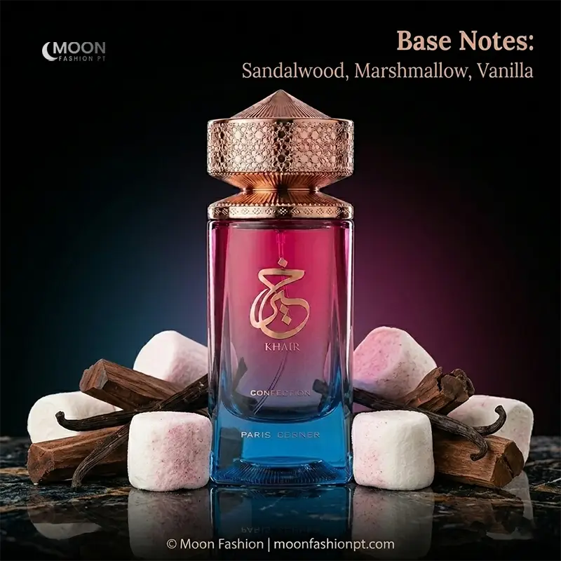 Paris Corner Khair Confection unisex perfume with cozy marshmallow and sandalwood base notes.