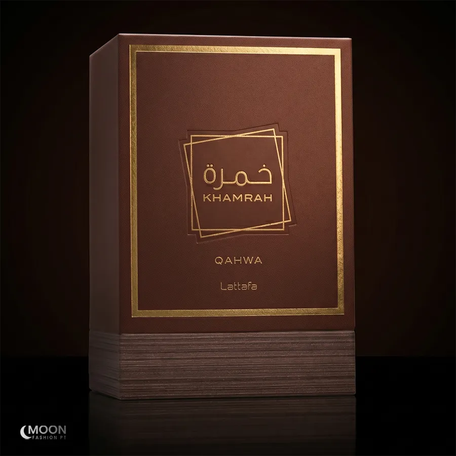 Detailed view of the premium brown leather-textured retail box with gold-foil accents for Lattafa Khamrah Qahwa unisex.
