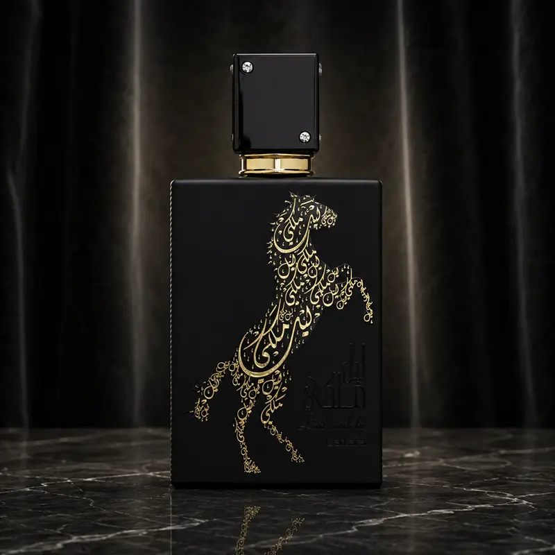 Lail Maleki black bottle front with gold horse design and square cap