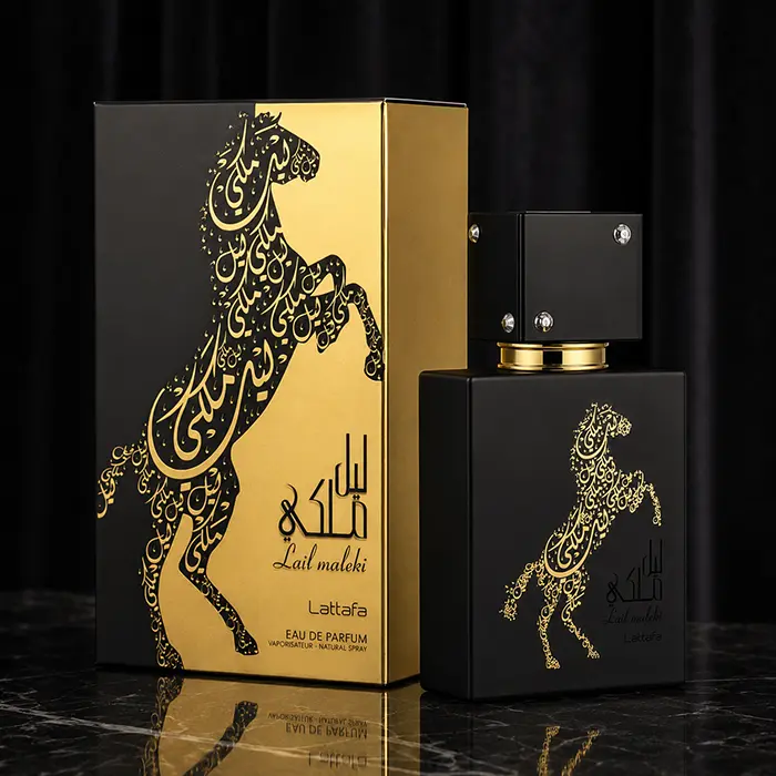 Black and gold Lail Maleki box beside the bottle in an angled studio product shot