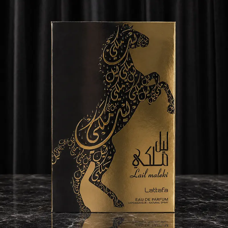 Lail Maleki perfume box front with gold horse artwork and black side panel