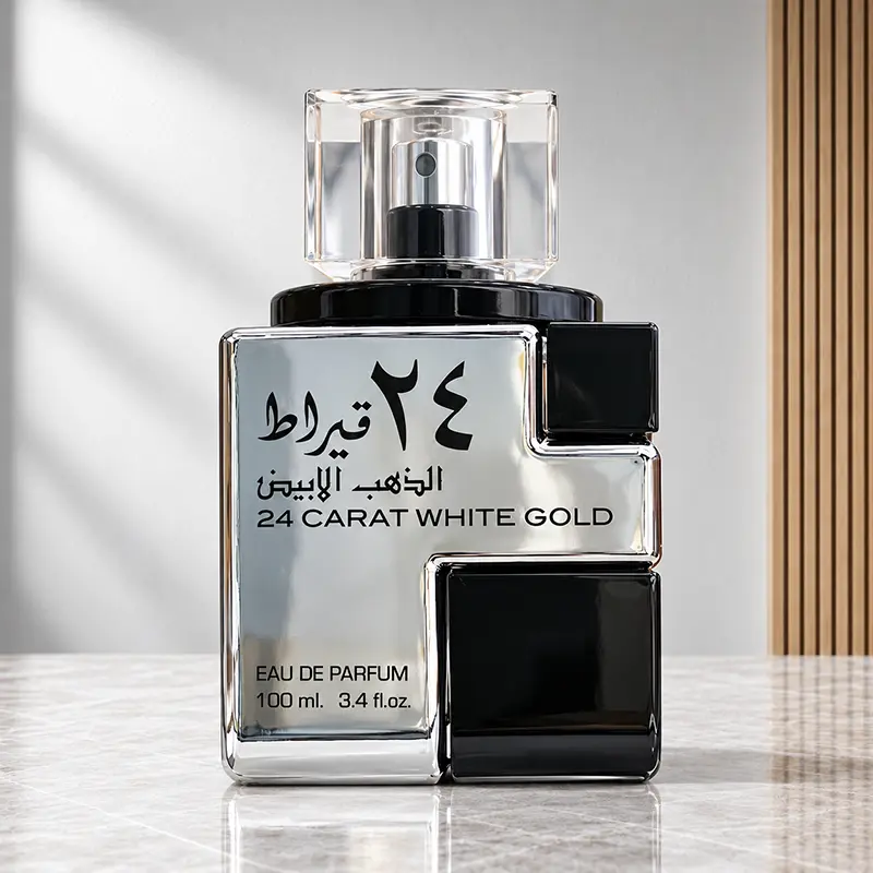 Front view of the silver and black Lattafa 24 Carat White Gold Eau de Parfum bottle with clear cap.