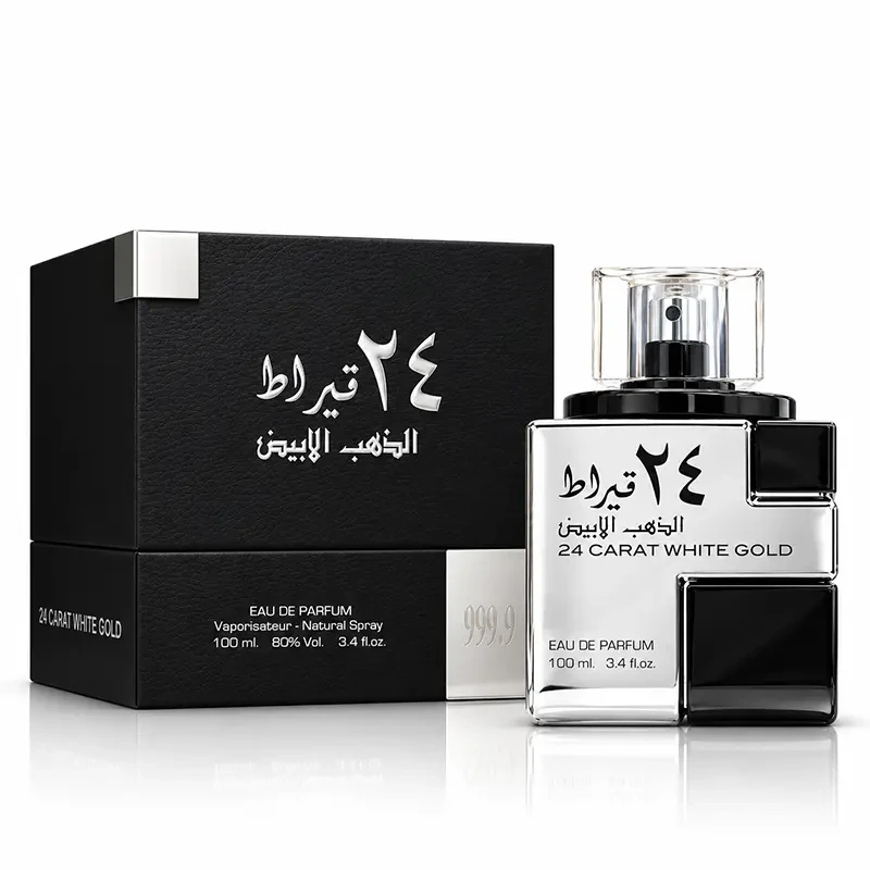 Lattafa 24 Carat White Gold 100ml Eau de Parfum bottle beside its black box on a white background.
