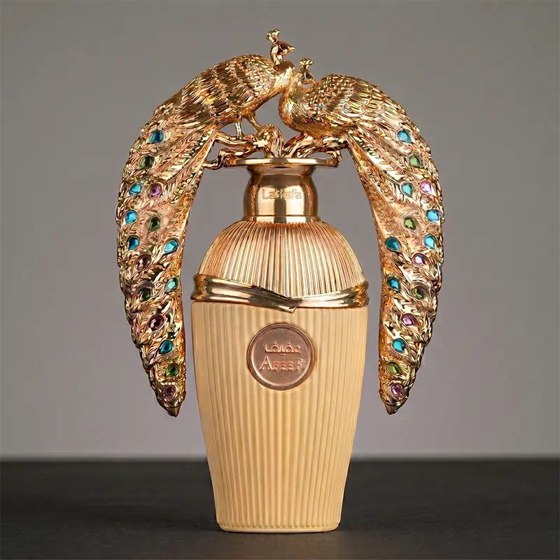Clear front view of Lattafa Afeef Eau de Parfum bottle showcasing its elegant design.