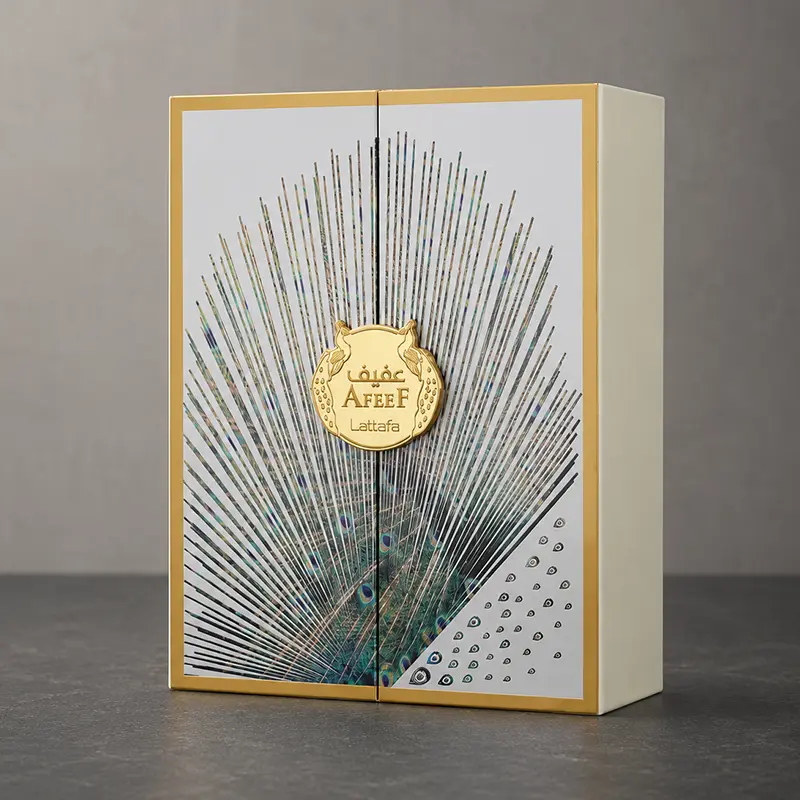 Detailed look at the premium outer packaging box of Lattafa Afeef unisex fragrance.