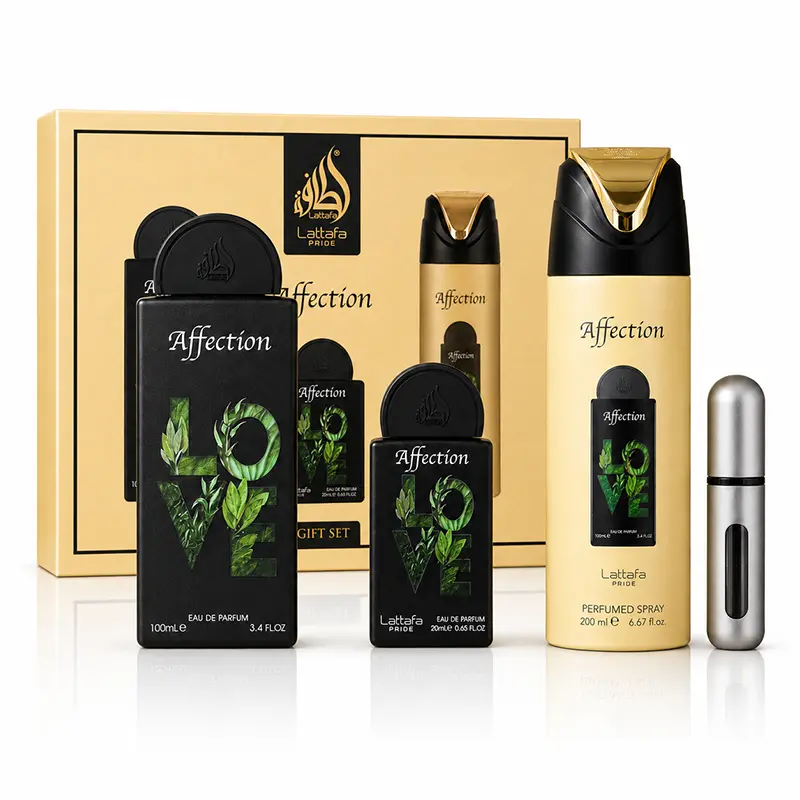 Lattafa Affection gift-set box behind black EDP bottles, cream perfumed spray and silver atomiser.