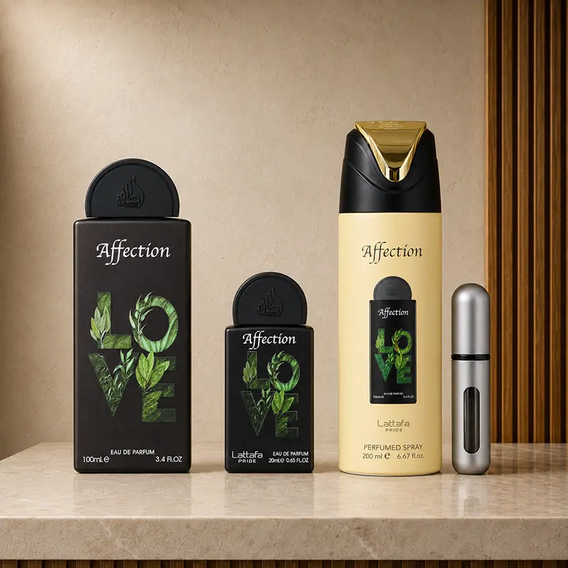 Lattafa Affection EDP bottles, cream perfumed spray and silver atomiser grouped on a beige surface.