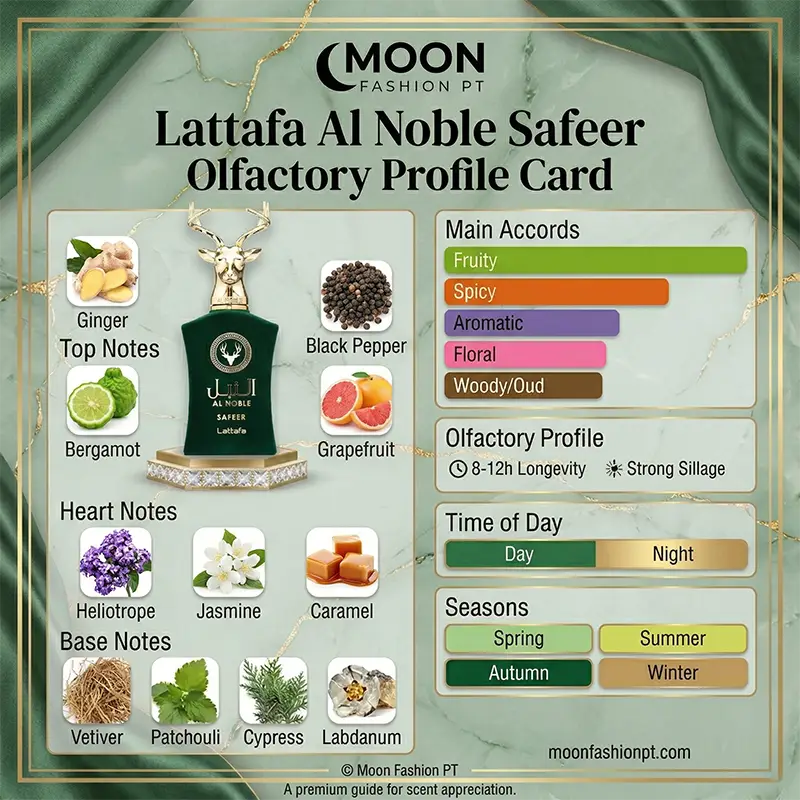 A comprehensive 'Olfactory Profile Card' infographic detailing the fragrance notes, scent type, best seasons and time of day for wear.