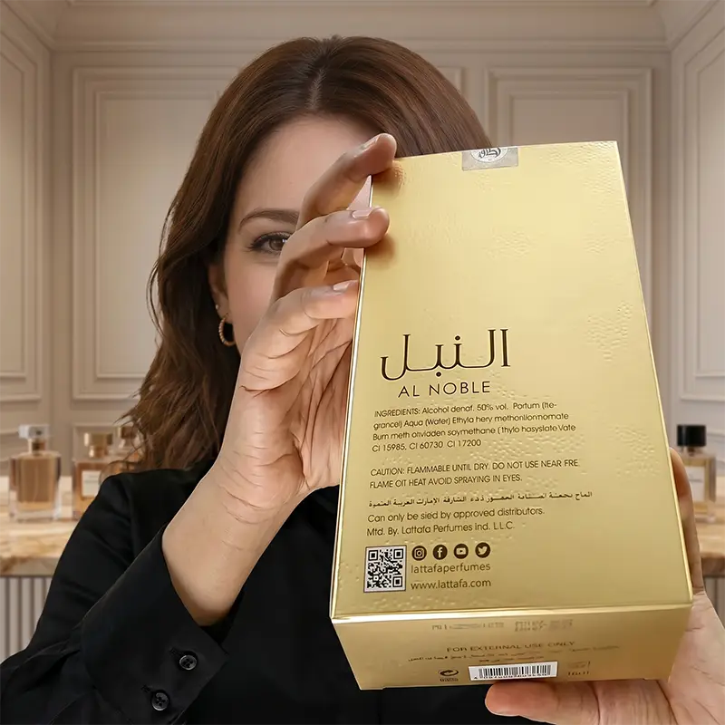 Close-up of the back of the Al Noble Wazeer packaging showing ingredients, QR code, and authenticity details.
