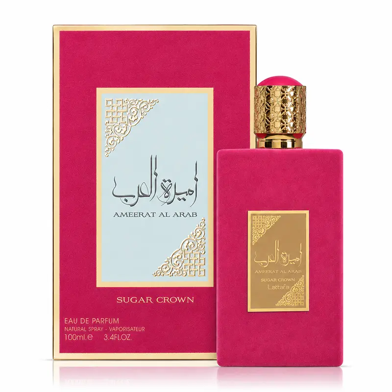 Lattafa Ameerat Al Arab Sugar Crown 100 ml bottle in front of its pink box on white, with a soft reflection
