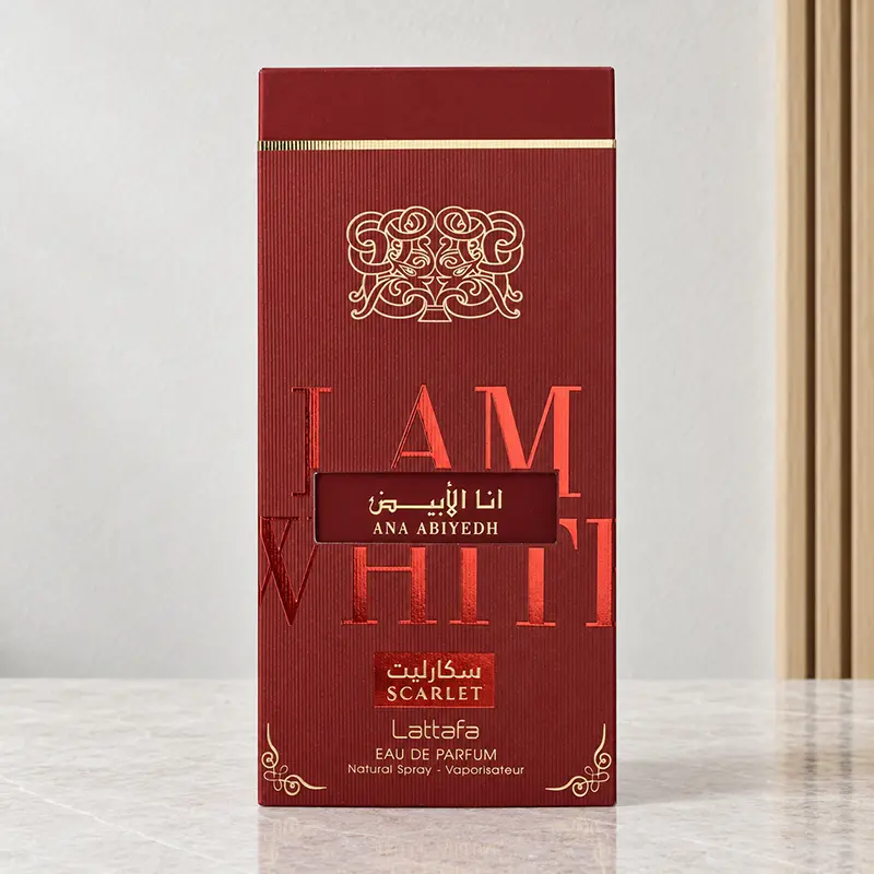 Front view of the Lattafa Ana Abiyedh Scarlet Eau de Parfum box in dark red packaging.