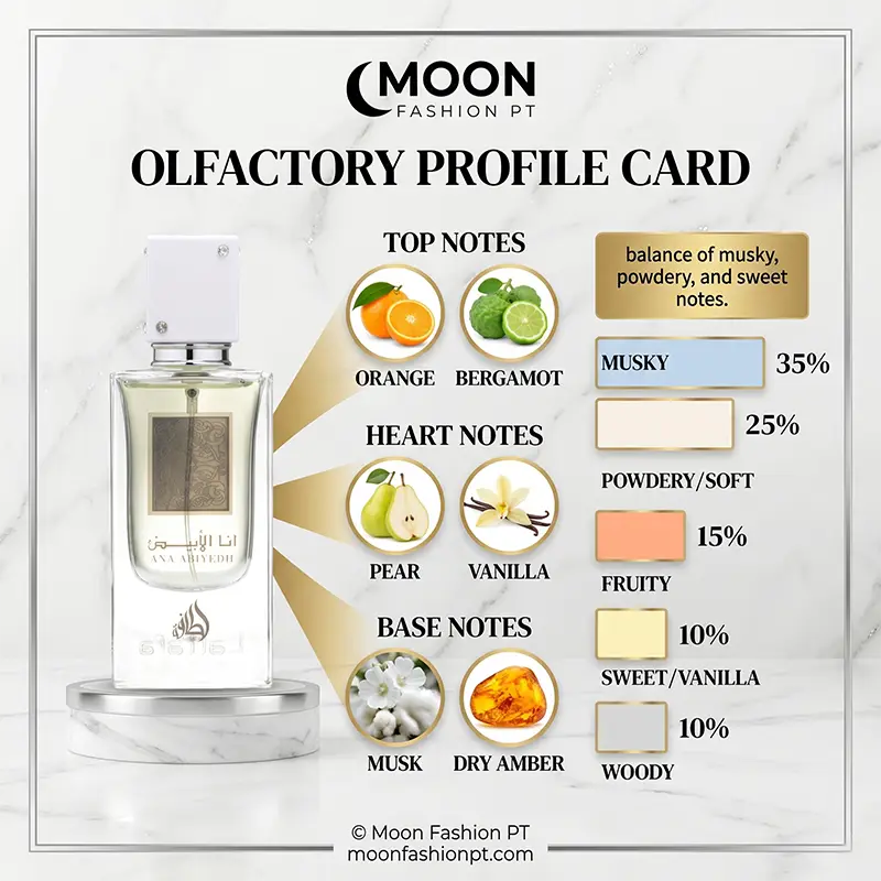 Olfactory profile card for Ana Abiyedh featuring top notes of Orange and Bergamot with a 35% musky accord.