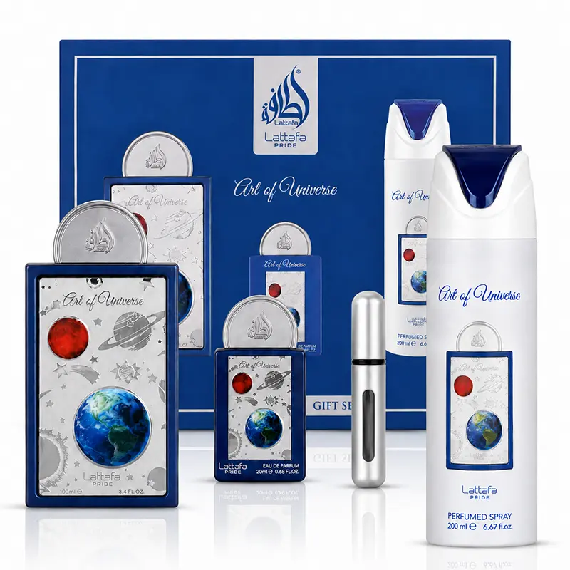 Lattafa Art of Universe gift set with 100 ml and 20 ml EDP, atomiser and 200 ml perfumed spray.