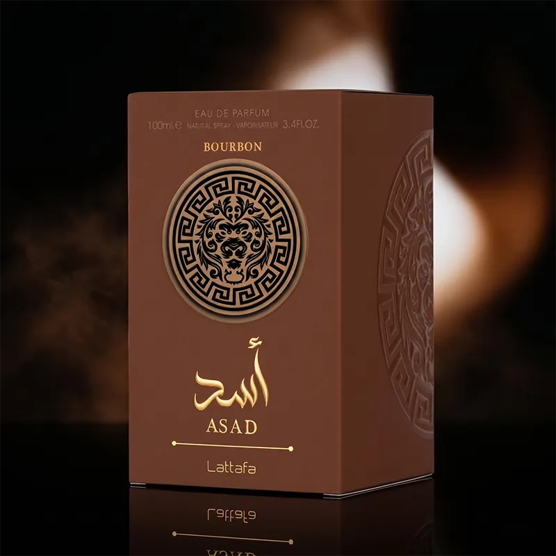 Premium brown and gold packaging box for Lattafa Asad Bourbon unisex 100ml Eau de Parfum spray.