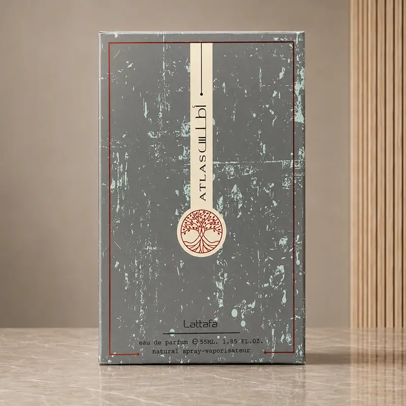 Grey Lattafa Atlas 55 ml outer box with cream strip, tree emblem and distressed texture