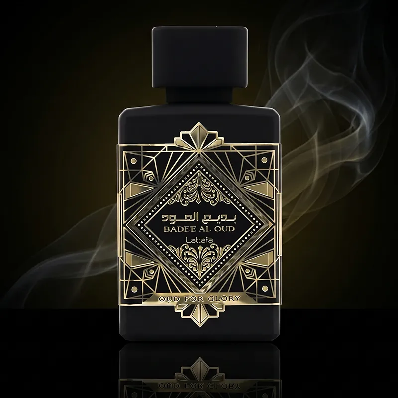 Lattafa Bade'e Al Oud for Glory unisex perfume bottle with gold geometric patterns and black matte finish.