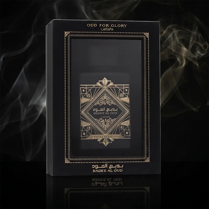 Luxury black and gold display box for Lattafa Bade'e Al Oud for Glory 100ml unisex Eau de Parfum.