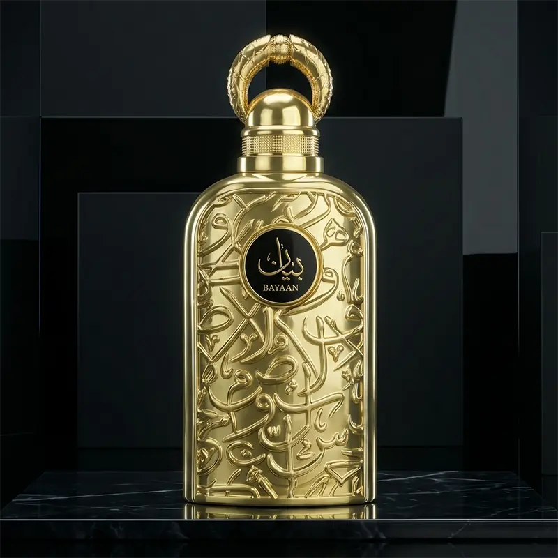 Front view of the elegant gold Lattafa Bayaan 100ml eau de parfum bottle designed for women.