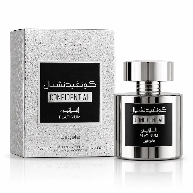 Lattafa Confidential Platinum Eau de Parfum 100ml bottle and box on a white background