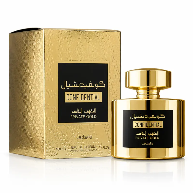 Lattafa Confidential Private Gold 100 ml Eau de Parfum bottle and box on a white background.