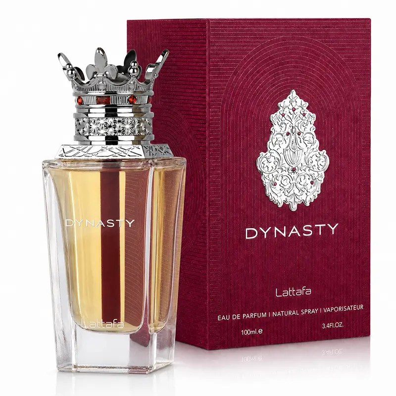 Lattafa Dynasty bottle and red box shown together against a white background