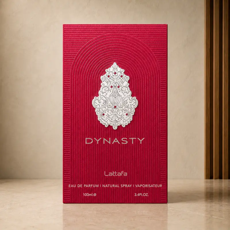 Red Lattafa Dynasty Eau de Parfum box showing 100ml and 3.4 fl oz on the front