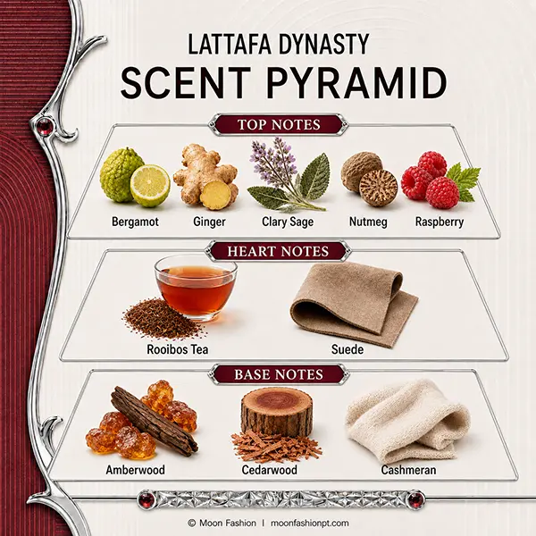 Lattafa Dynasty scent pyramid with labelled top, heart and base note illustrations