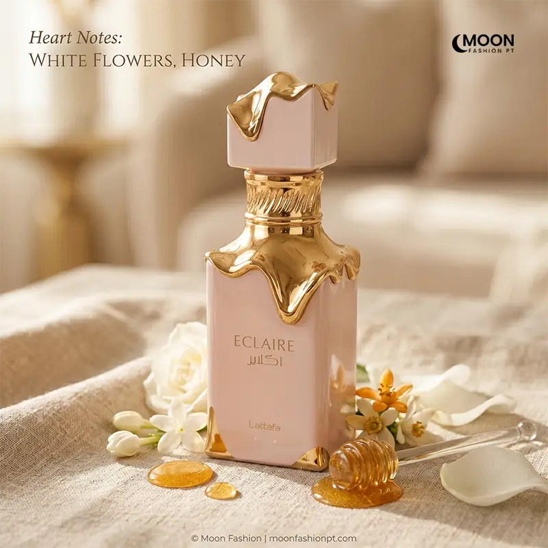 Lattafa Eclaire perfume heart notes containing a delicate blend of white flowers and rich golden honey.