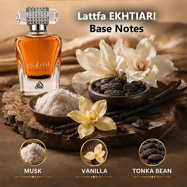 Olfactory profile graphic highlighting the rich vanilla and musk base notes of Lattafa Ekhtiari.