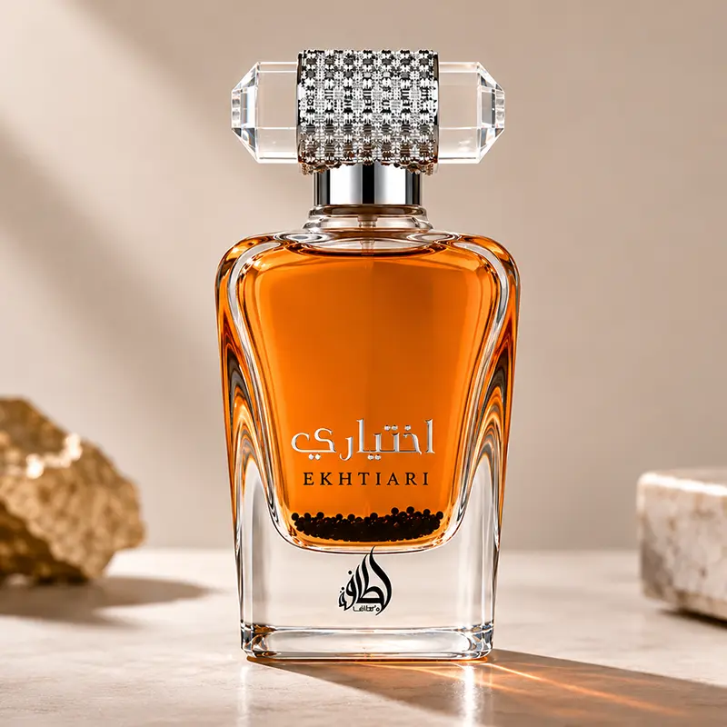 Front view of the elegant Lattafa Ekhtiari 100ml eau de parfum bottle designed for unisex wear.