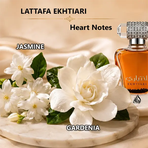 Fragrance composition graphic showing the lush jasmine and gardenia middle notes of Lattafa Ekhtiari.
