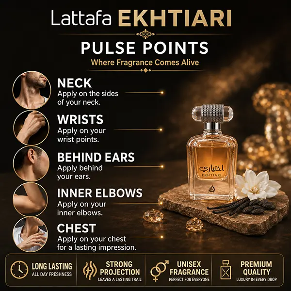 Visual guide demonstrating ideal pulse point application for long lasting Lattafa Ekhtiari fragrance.