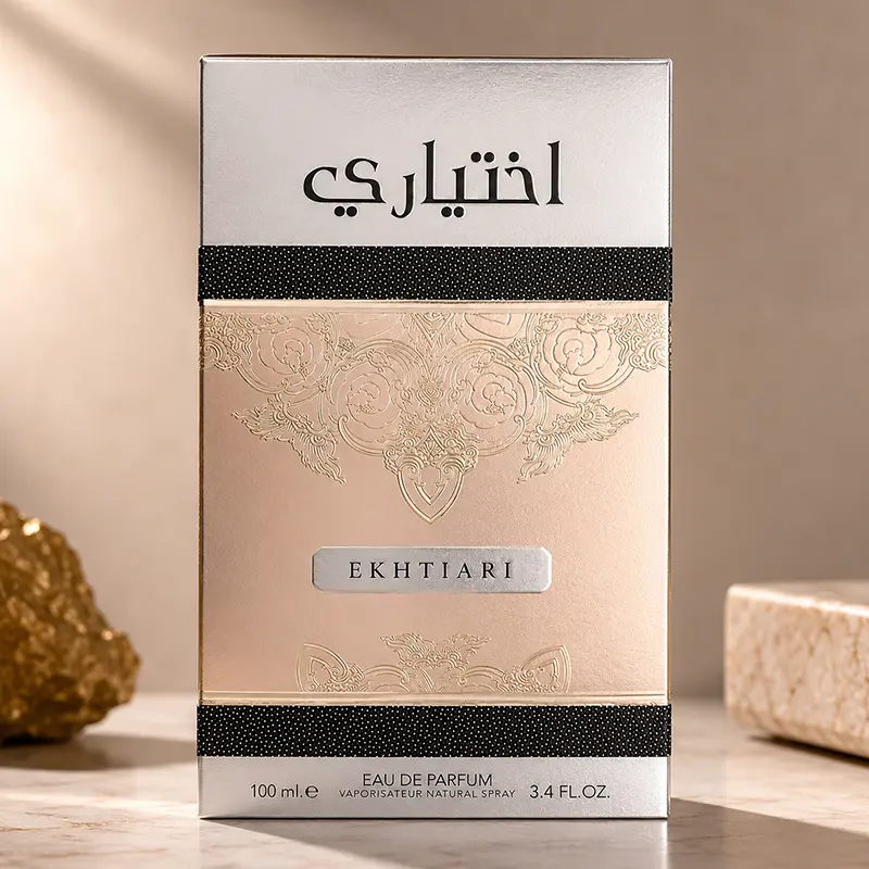Front view of the premium Lattafa Ekhtiari box showcasing authentic Middle Eastern embossed branding.