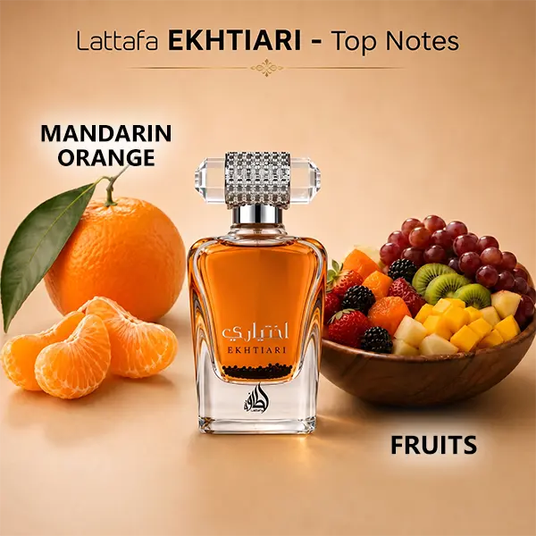 Olfactory breakdown of Lattafa Ekhtiari revealing fresh mandarin orange and vibrant fruity top notes.